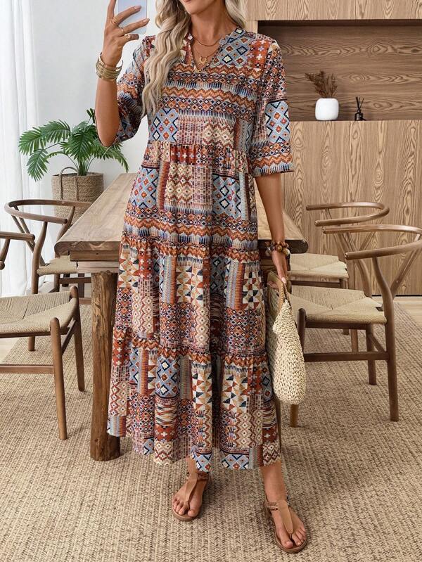EMERY ROSE Vestido largo de manga larga con estampado retro para mujer