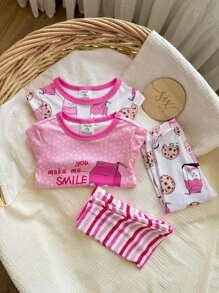 Bộ đồ ngủ dài tay cổ tròn mềm mại và ấm áp họa tiết sữa, bánh quy và sọc cho bé gái - Hồng - Xem 3