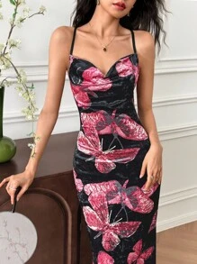 EastFlair Women's Butterfly Print Draped Neck Fitted Long Dress Long Floral Dress Women Bodycon Maxi Dress Women Butterfly Print Maxi Dress  Chinese Style - Multicolor - View 5