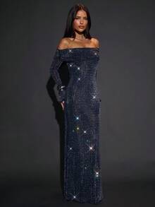 SHEIN BAE 女式纯黑色露肩长袖修身长裙，带水钻装饰，适合夜总会派对 - 黑色 - 查看 5