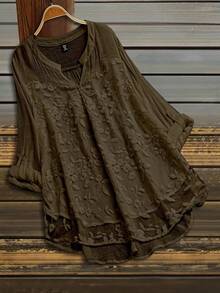 SHEIN LUNE 大码休闲纯色花卉刺绣缺口领衬衫 - 咖啡棕 - 查看 1