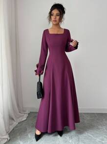 Elenzga Women's Dark Purple Elegant Long Sleeve Maxi Dress,Autumn Vintage Square Neck A-Line Formal Gown With Floral Decor For Wedding,Dining&New Year Party - Red Violet - View 1