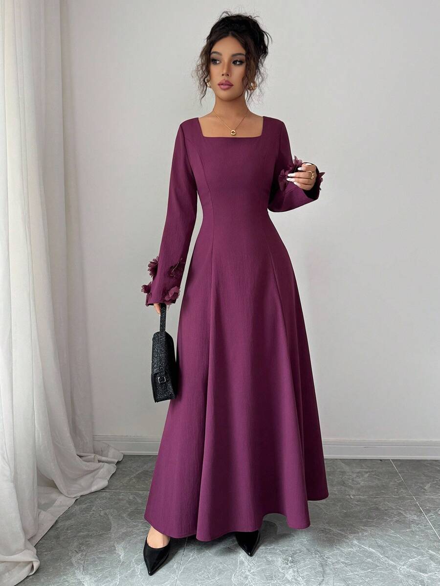 Elenzga Women's Dark Purple Elegant Long Sleeve Maxi Dress,Autumn Vintage Square Neck A-Line Formal Gown With Floral Decor For Wedding,Dining&New Year Party - Red Violet - View 1