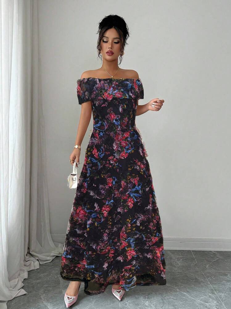 Elenzga Women's Elegant Chiffon 3D Floral Off Shoulder Long A-Line Dress - Black - View 4