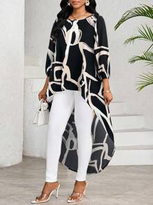 SHEIN Lady 春夏优雅通勤办公室休闲波西米亚风彩色编织圆领高低袖 T 恤衬衫