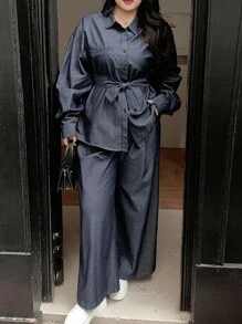 Dazy Plus 2pcs Set: Loose Fit Denim Shirt With Collar & Casual Denim Pants, Suitable For All Seasons, Spring/Autumn,Fall Women Clothes