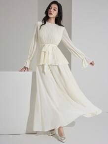 Heiryn 女士纯色褶裥喇叭袖衬衫和半裙优雅两件套，适合秋季穿着，也适合约会之夜、婚礼宾客、国庆节等场合。 - 杏色 - 查看 3