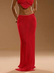 SHEIN BAE 女士休闲波西米亚风系带半身裙 - 紅色 - 查看 7