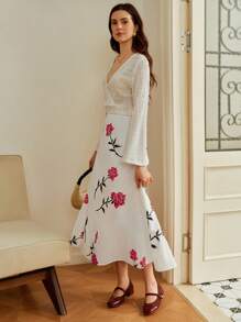 Omancia 女士秋季花卉印花百褶复古裙，适合外出、通勤、日常穿着、感恩节、返校、教师秋季女士服装 - 彩色 - 查看 3