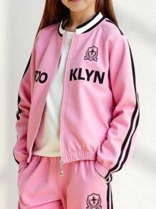 Explorewe 超大号女童休闲条纹字母印花拼色风衣外套，宽松版型，舒适百搭，适合秋季、春季、冬季、日常穿着、通勤、户外、运动、学校、街头服饰、派对、拍照