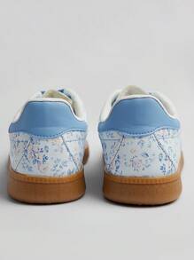 Solezae 女士舒适花卉印花平底日常梦幻休闲基本款可爱 PU 蓝色运动鞋 - 藍色 - 查看 7