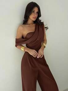 Firerie 女士优雅杏色连体裤，端庄不对称领口垂坠露肩连体裤，阔腿连体裤，舒适无袖连体裤，适合春夏秋冬，沙滩装，机场装，度假装，教师装 - 咖啡棕 - 查看 4