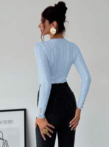 Firerie Women's Minimalist Elegant Casual College Style Versatile White Crew Neck Cable Knit Button Decor Fitted Sweater In Fall/Winter