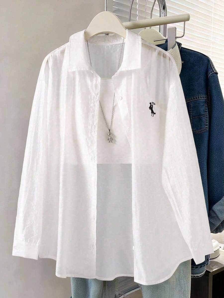 青少年女孩休闲百搭多功能透明刺绣长袖衬衫，适合日常穿着 - 白色 - 查看 1