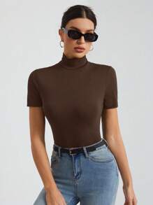 SHEIN Tall Women's Solid Color Basic Black Turtleneck Short-Sleeved T-Shirt - Brown - View 3