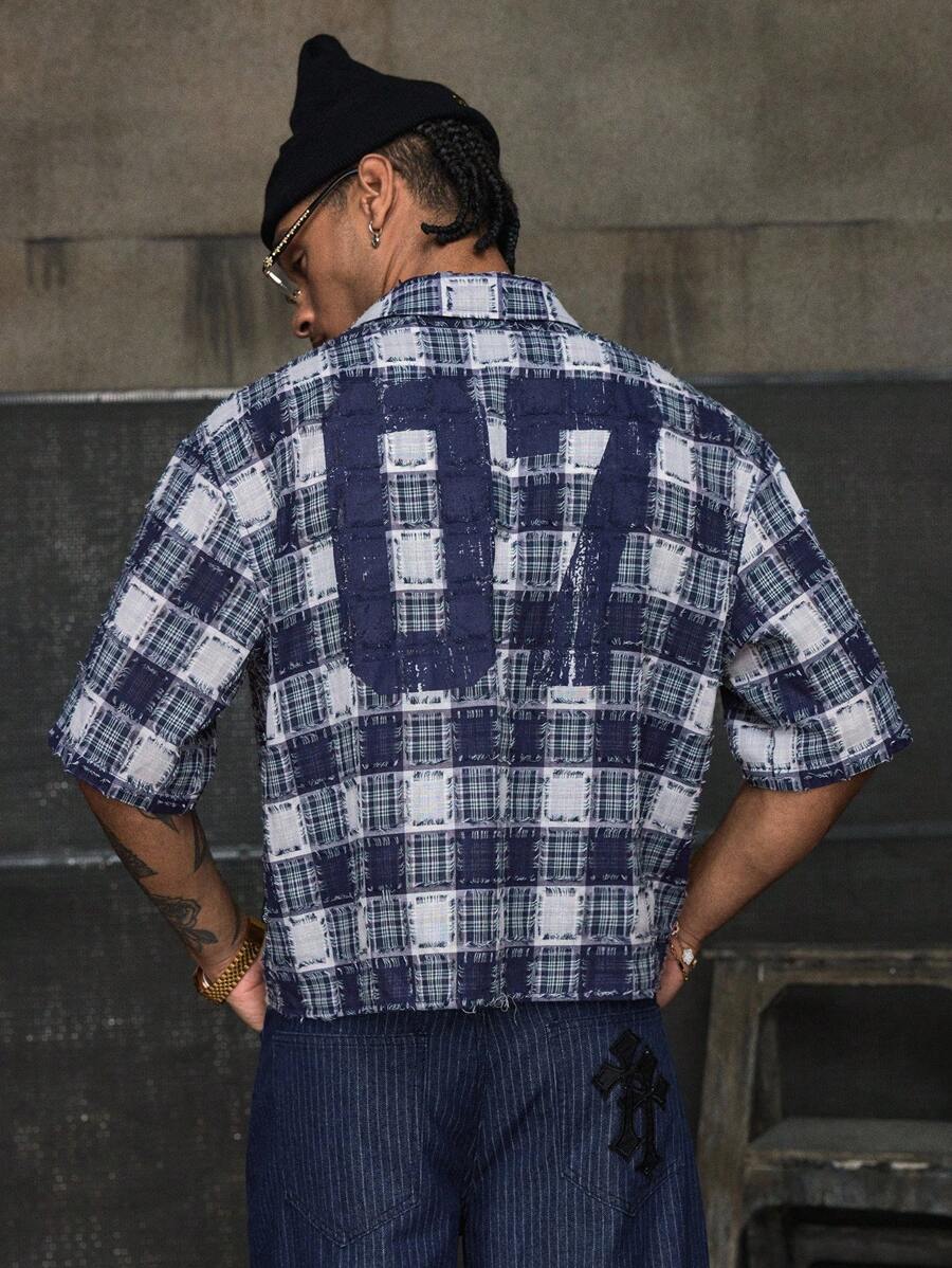 AXEPEAK Camisa holgada retro de hombre con estampado de cuadros y recortes, casual, para verano, estilo emo - Multicolor - Ver 1