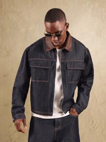 SUMWON Rohe Denim Trucker Jacke mit kontrastierendem braunem Lederkragen, Utility Workwear Stil mit Fronttaschen, klassische amerikanische Arbeiterkleidung für Herbst und Winter - Verschiedenfarbig - Übersicht 7