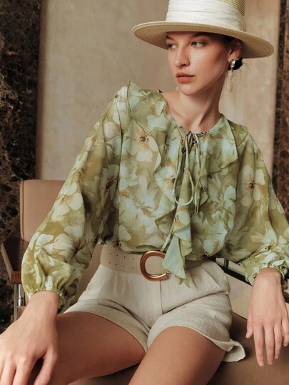 Aveloria Women's Elegant Commuter French Chiffon Floral Print Turquoise Lantern Sleeves Ruffle Trim Neckline Country Concert Carnival Autumn Women's Autumn Women's Autumn Autumn Floral Shirt Women's Flower Shirt Green Shirt Ruffled Shirt