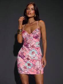 SHEIN BAE Váy mini thêu họa tiết màu hồng trơn mùa thu, váy mini thanh lịch cho ngày lễ của quý cô - Hồng - Xem 5