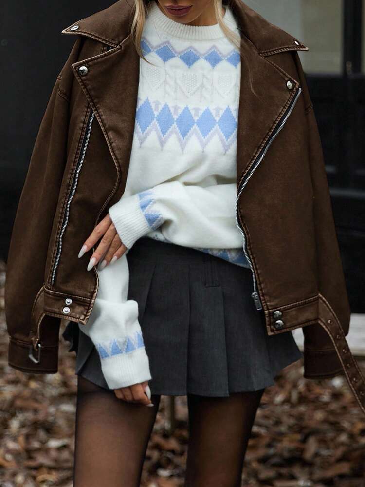 Aveloria Affinna 复古水洗 PU 皮革翻领宽松摩托车夹克 - 棕色 - 查看 5