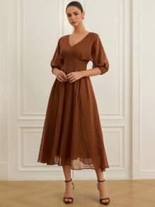 Aveloria Rosie 时尚优雅简约 V 领褶腰 3/4 袖亚麻中长连衣裙，适合通勤