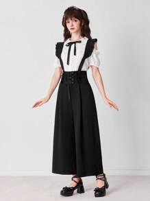 ROMWE EDITION Women's Fashionable Versatile Solid Color Criss-Cross Tie Pants - Black - View 5
