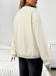 SHEIN EZwear Áo nỉ dệt kim màu mơ giản dị có vai trễ và chi tiết dệt kim sườn cho phong cách hàng ngày Áo chui đầu dành cho nữ Áo nỉ màu kem vào mùa thu/đông - Màu be - Xem 2