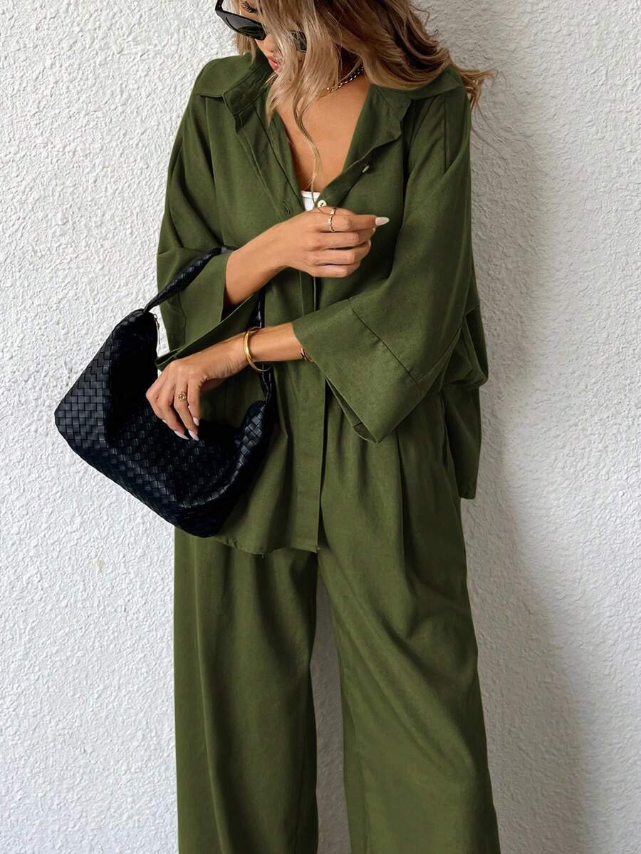 Aveloria Modichic 2 件套女士混纺侧开衩宽松衬衫和高腰阔腿裤优雅商务休闲女装 - 軍綠色 - 查看 1