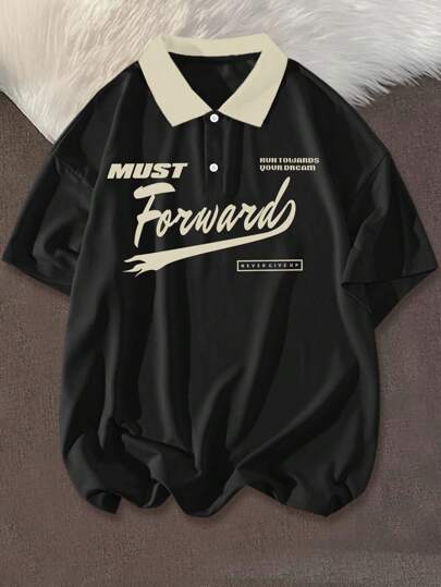 Claim Dot 男式加大码标语图案撞色领落肩 Polo 衫