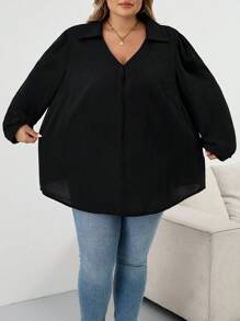 SHEIN CURVE+ Plus Size Women's Autumn And Winter Casual Loose And Comfortable V-Neck Black Long-Sleeved Shirt,Fall Women Clothes,Women Blouse,Curv Tops,Old Money,Black Top,Business Casual Women,Office Wear Women,W,Teacher Shirtsfall Clothes For Women,Winter,CURVE PLUS Plus Size Blouses Plus Size Black Shirt Plus Size V-Neck Blouse Plus Size Women Shirts Curvy Blouses