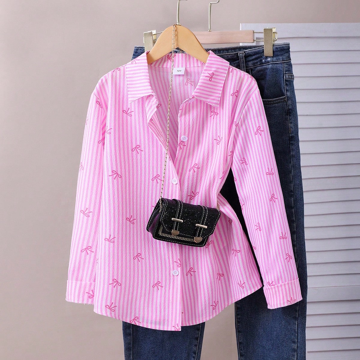 Camisa clásica con lazo y estampado de rayas estilo Y2K para niña preadolescente, adecuada para uso diario o escolar, se puede combinar con jeans, f