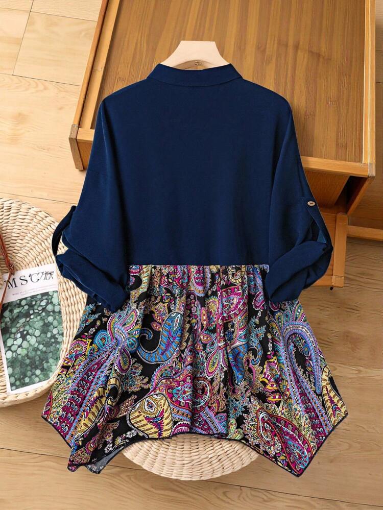 Plus Size Dark Blue Boho Vintage Front Button Cuffed Elegant Fashion Blouse Fall Country Concert