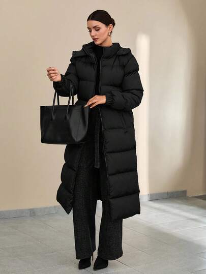 CLARA VERO Solid Color, Zip-Up, Hooded, Long Wintercoat