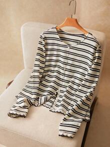 Elaquor Camiseta feminina plus size casual listrada com caimento solto e gola redonda, versátil para o verão - Preto e Branco - Ver 3