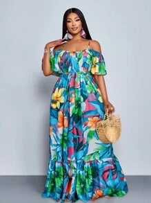 SOLERSUN Đầm xòe dáng rộng tay ngắn viền lá sen phong cách mới mùa xuân hè cỡ lớn, xếp ly rộng rãi, dáng suông, thanh lịch, thoải mái, kỳ nghỉ, cây hoa gợi cảm, thời trang dành cho nữ - Màu xanh lam - Xem 4