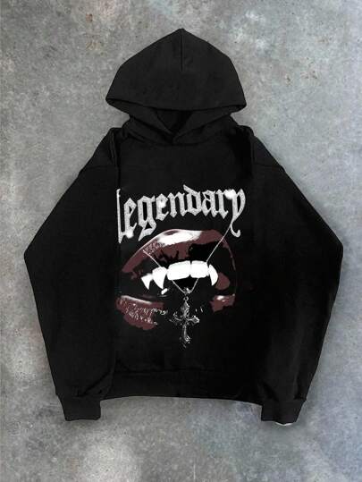 Attitoon Black Casual Lip Letter Grunge Style Street Graphic Print Hoodie Sweatshirt, Loose Fit, Suitable For Streetwear, Airport, Back To School Autumn And Winter