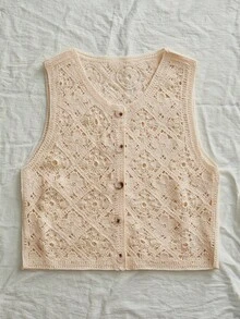 Travachic 女士纯色圆领无袖单排扣休闲镂空针织上衣 - 米色 - 查看 3