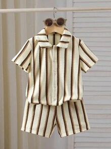SHEIN Playful Pals 2pcs Young Boy Textured Stripe Knit Shirt And Shorts Set - Multicolor - View 1