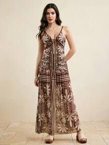 JIAN LASALA 复古印花网纱波西米亚风度假连衣裙，配有可调节肩带，女士长款连衣裙，棕色长款连衣裙，棕色印花长款连衣裙，棕色夏季连衣裙，棕色度假连衣裙，棕色图案长款连衣裙，约会之夜服装，女士婚礼宾客晚礼服，婚礼宾客奢华装扮 - 棕色 - 查看 3