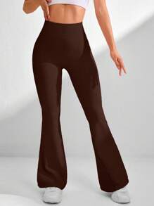 Easithlete 女士纯色高腰喇叭无缝运动瑜伽紧身裤 - 咖啡棕 - 查看 2