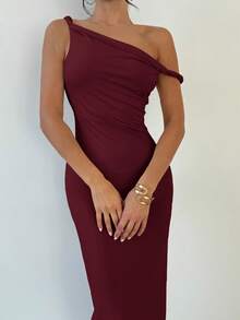 Firerie 女士优雅简约精致都市时尚日常通勤派对婚礼度假扭纹不对称紧身杏色细肩带连衣裙，春夏