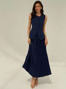 Aloruh Women 2pcs Solid Color Button Front Sleeveless Top And Mini Skirt Suit Set In Fall/Winter