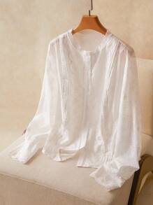 Elaquor 大码女式梭织花卉蕾丝拼布衬衫 - 白色 - 查看 3