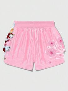 ROMWE MEN Anime 男式字母花卉印花休闲宽松拳击短裤