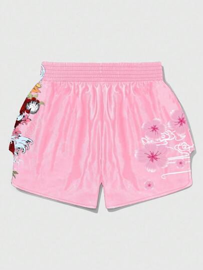 Anime Men's Letter & Floral Dragon Print Casual Loose Fit Boxing Shorts