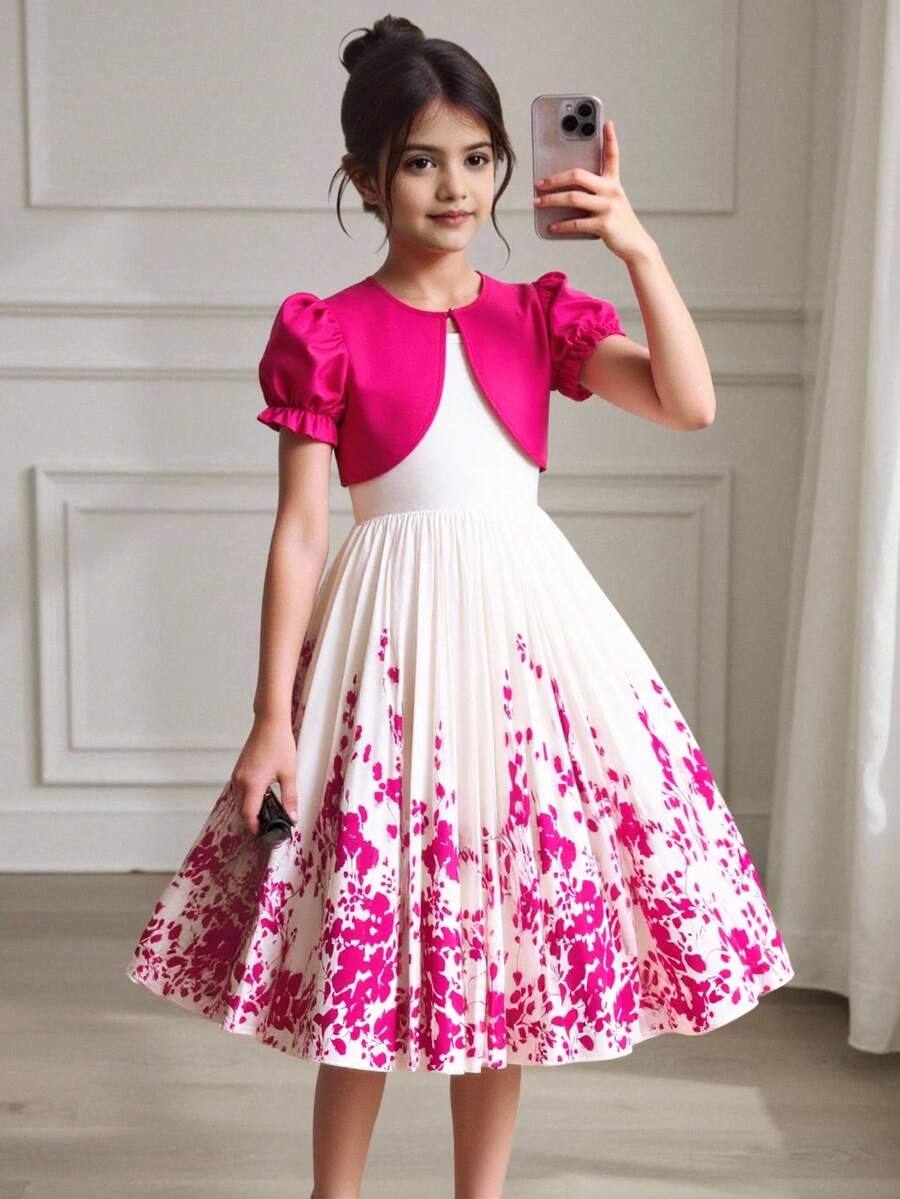Conjunto de 2 piezas para el Día de San Valentín para niñas adolescentes: Cárdigan con mangas con volantes y vestido plisado con estampado floral, elegante, para primavera/verano - Multicolor - Ver 1