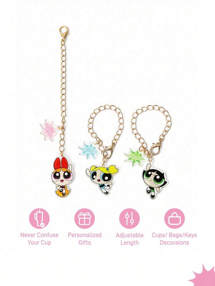THE POWERPUFF GIRLS X SHEIN 3pcs Acrylic Cup Accessories ID Tag, Cup Handle Personalized Charms, Fit Mugs With Handle, Blossom & Bubbles & Buttercup Keychains, Suitable For Office, Home, Birthday Party,Y2K - Multicolor - View 4