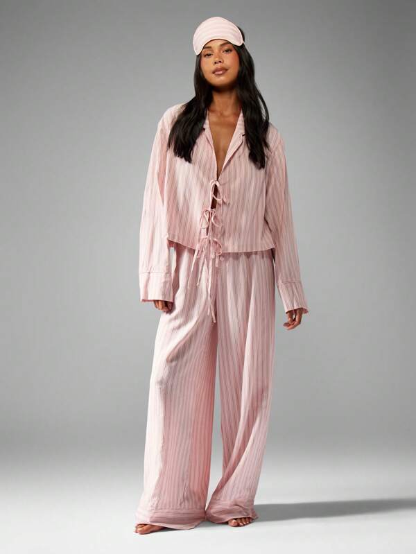 MISSGUIDED 条纹缎面睡衣套装，阔腿裤，抽绳前襟衬衫，家居睡衣，节日礼物，配套眼罩，舒适夜间睡眠服，秋季服装