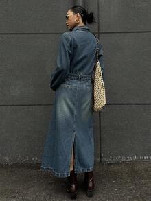 DAZY 女士休闲水洗长款牛仔连衣裙 - 藍色 - 查看 6