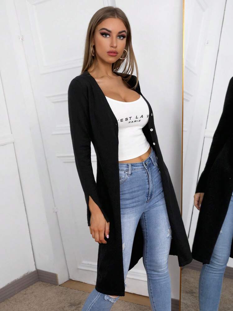 Split Sleeve Button Front Cardigan,Long Sleeve Tops In Fall/Winter